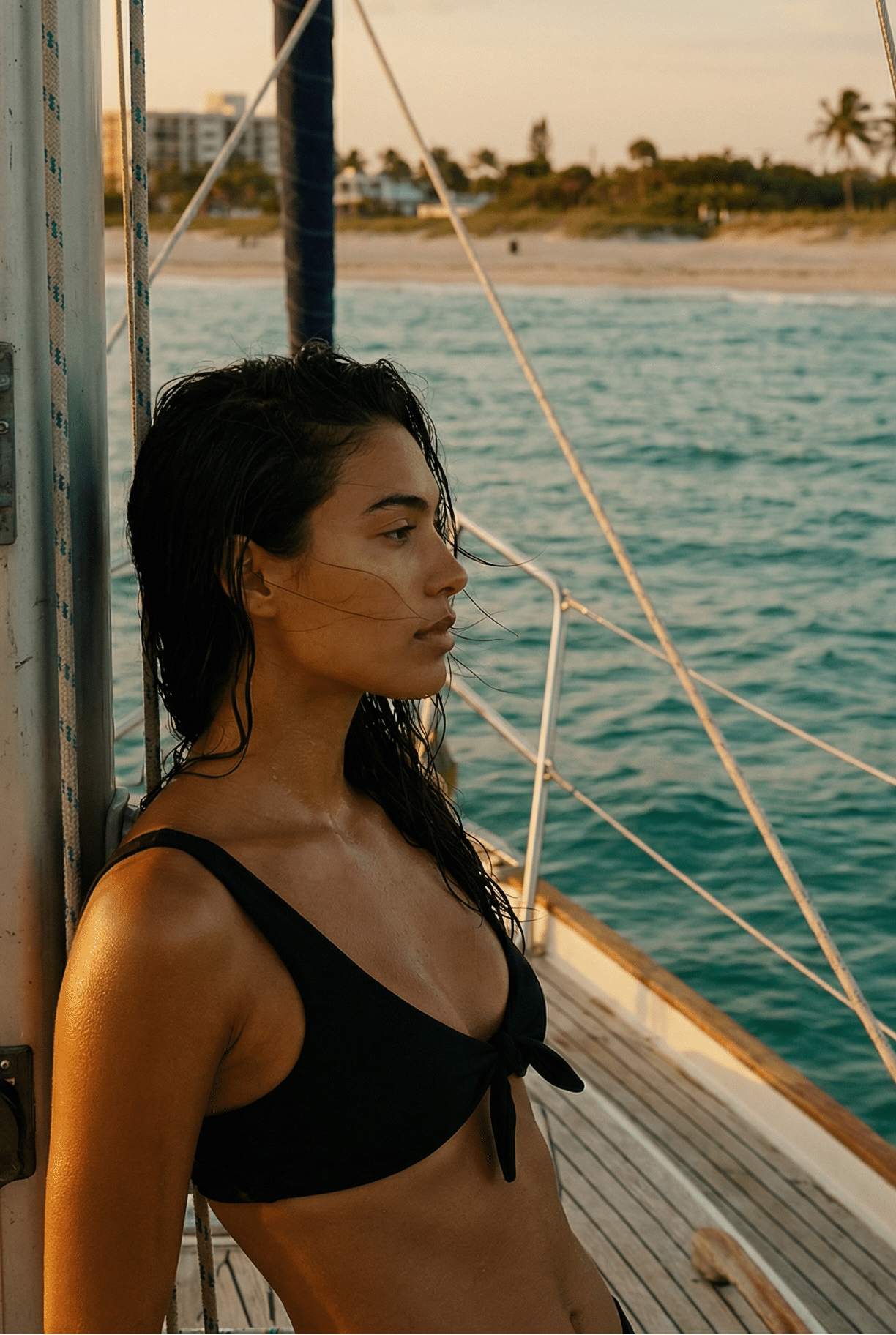 Woman on a sailboat with ocean and beach in the background